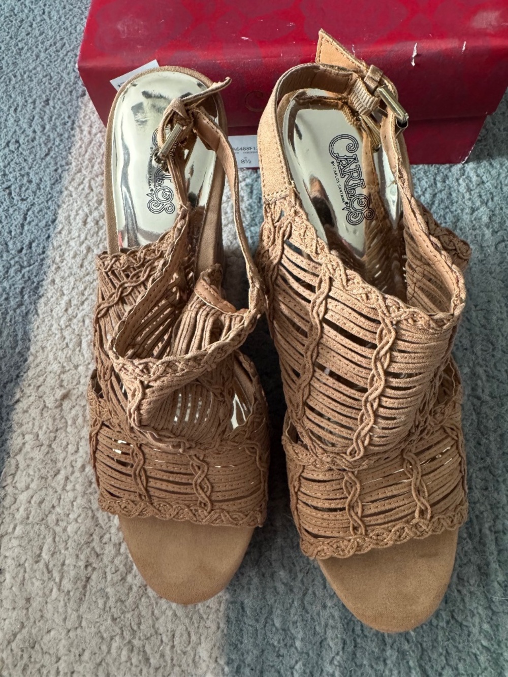 Carlos Santana Tan Woven Caged Cork Wedge Sandals Size 8.5